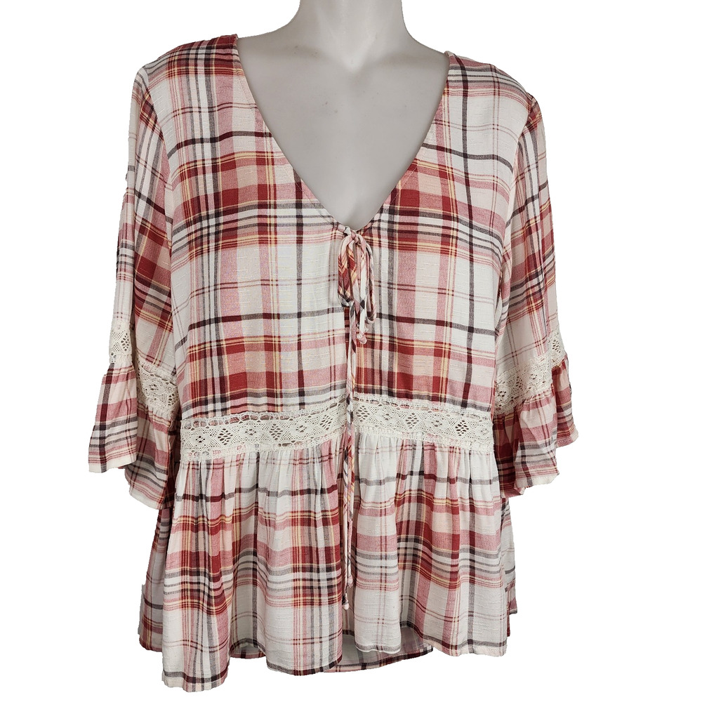 Maurices Womens Top Plaid Double Tie V Neck Medium Crochet Lace 3/4 Bell Sleeves